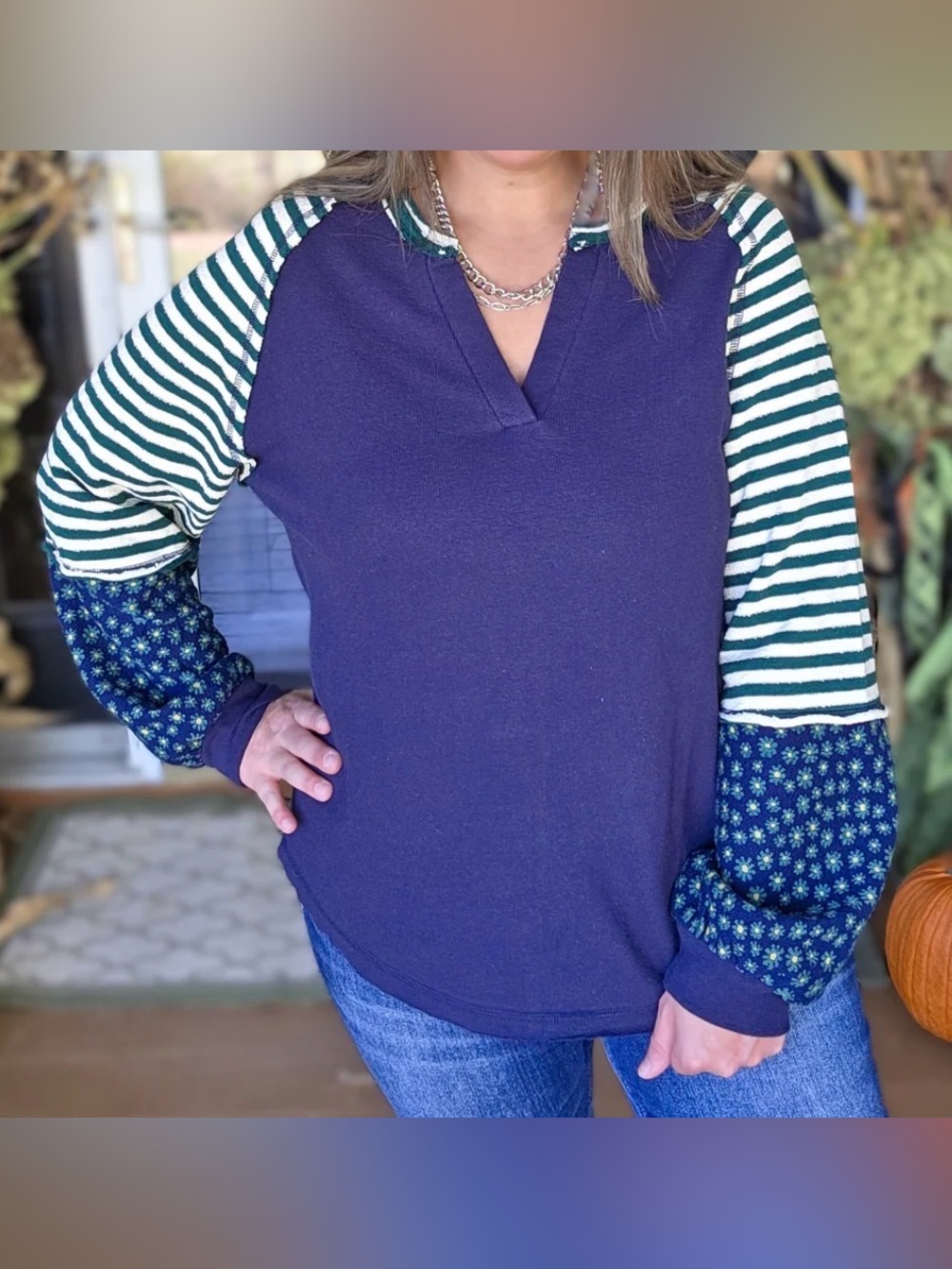 Very J Navy Tunic with Green & White Striped Sleeves